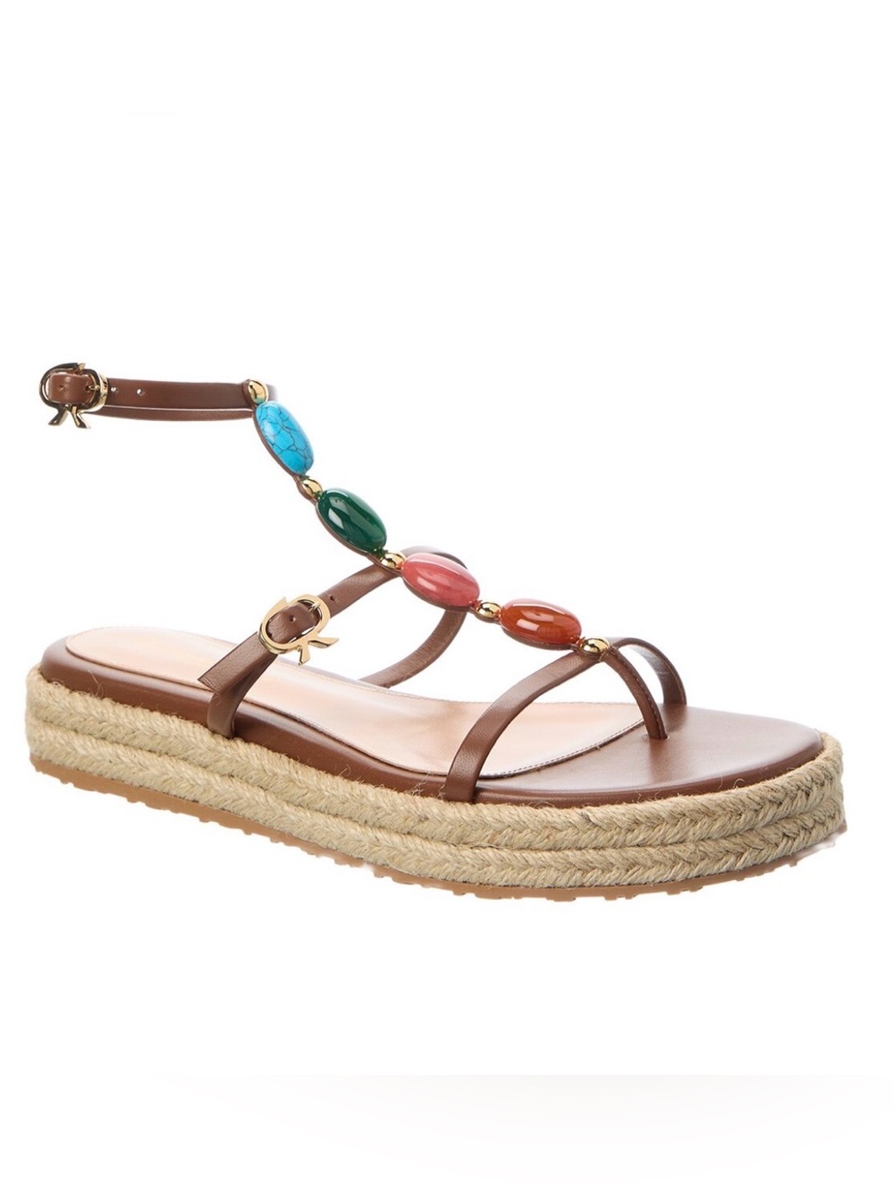 Gianvito Rossi Brown Leather Multicolor Bead Espadrille Sandal